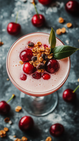 Bright red cherry smoothie garnished with fresh cherries and crunchy granola sits on a dark surface with scattered cherries. Perfect for a healthy snack or breakfast option.の素材