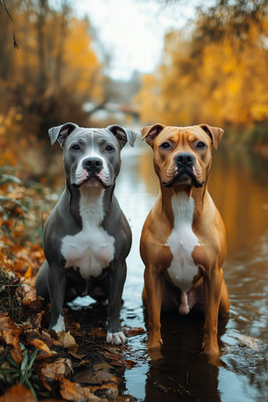 Two dogs sit side by side in shallow water near a serene river. Autumn leaves frame the scene, creating a peaceful atmosphere during a cloudy afternoon.の素材