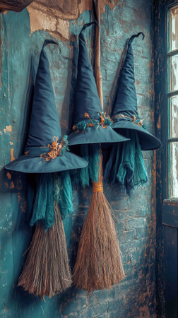 Old hats and brooms hang on the wall in a narrow hallway filled with rustic decor. The warm light creates a cozy atmosphere in this vintage setting.の素材