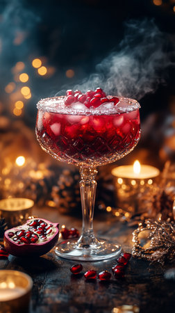 A vibrant cocktail made with pomegranate sits elegantly in a decorative glass. The ambiance features warm candlelight and a festive atmosphere, creating a celebratory feel.の素材