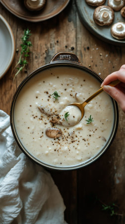 A hand stirs a creamy mushroom soup in a dark pot, surrounded by fresh herbs and a rustic kitchen atmosphere. The comforting dish is perfect for a warm meal.の素材