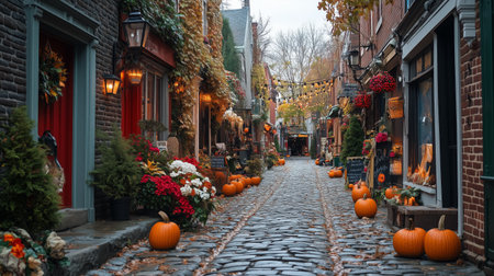 A charming cobblestone street lined with vibrant autumn flowers and pumpkins showcases festive decorations. Lanterns and seasonal ornaments create a cozy atmosphere as leaves turn.の素材