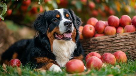 A Bernese Mountain Dog lies on lush grass beside wooden crates filled with ripe red apples in a vibrant orchard during a beautiful sunset.の素材