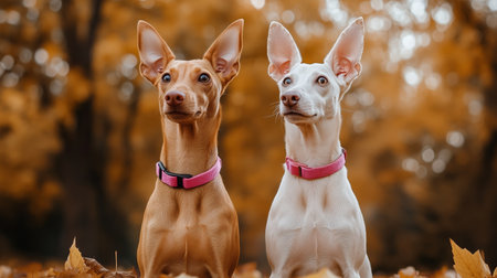 Two playful dogs with distinct colors and features sit on a bed of vibrant autumn leaves. The bright sun filters through the trees, enhancing the warm atmosphere.の素材