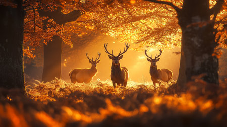 Three majestic stags stand in a vibrant autumn forest, bathed in warm golden light. The trees are adorned with orange and yellow leaves, creating a magical atmosphere.の素材