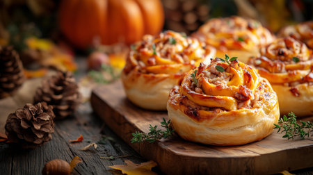 Delicious pumpkin cinnamon rolls are beautifully presented on a wooden board, surrounded by pine cones and autumn leaves, creating a cozy seasonal atmosphere.の素材
