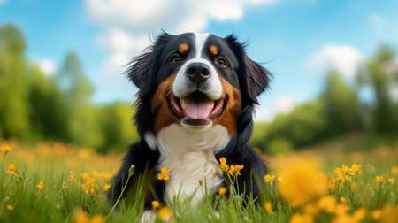 A joyful dog enjoys a sunny day, sitting amidst vibrant yellow flowers in a lush, green field surrounded by trees on a warm afternoon.の素材