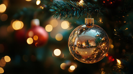 A shiny, gold Christmas ornament hangs from a tree branch, reflecting soft light from colorful decorations, creating a warm holiday atmosphere.の素材