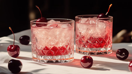 Two crystal glasses filled with chilled cherry cocktails are surrounded by fresh cherries on a light tablecloth, perfect for a sunny afternoon celebration with friends.の素材
