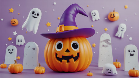 A cheerful pumpkin wearing a witch hat stands surrounded by playful ghosts and spooky decorations on a vibrant purple background. A festive atmosphere captures the essence of Halloween.の素材