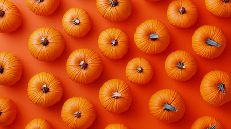 Bright, round pumpkins are neatly arranged in rows on a vibrant orange surface. This setup is ideal for autumn themes or festive decorations during harvest season.の素材