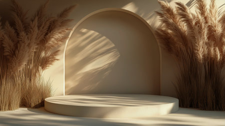 Soft sunlight illuminates a minimalist stage featuring a round backdrop and tall pampas grass. The sandy surface adds warmth to the serene atmosphere, creating a peaceful retreat.の素材