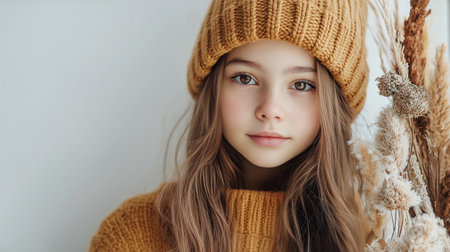A young woman stands with a relaxed expression, wearing a knitted sweater and hat. She holds a bouquet of dried flowers against a soft background, creating a warm atmosphere.の素材