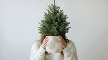 A person holds a knitted pot containing a small green tree, playfully covering their face. This stylish decor is perfect for cozy living spaces and festive occasions.の素材