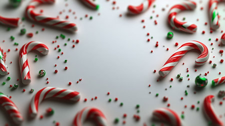 Bright red and white candy canes arranged in a circular pattern with various colorful sprinkles scattered on a light surface. This display captures the spirit of the holiday season.の素材
