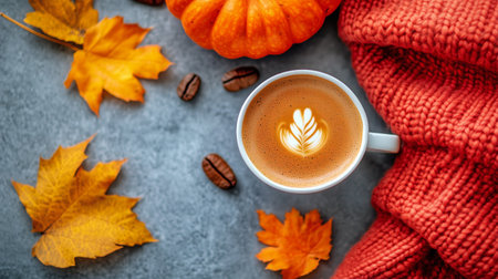 A warm cup of coffee rests on a textured surface surrounded by vibrant autumn leaves and a small pumpkin, invoking a cozy fall atmosphere perfect for relaxation.の素材