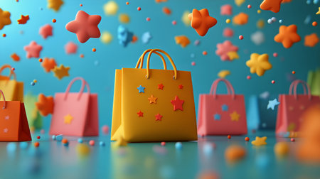 Brightly colored shopping bags in yellow, pink, and orange are surrounded by floating stars and shapes in a playful setting, creating a cheerful atmosphere full of excitement.の素材
