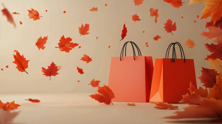 Autumn leaves float around stylish shopping bags in shades of red and pink. This modern composition captures the essence of seasonal shopping in a creative way.の素材