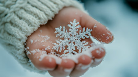 Delicate snowflake emerges as it rests on a hand, surrounded by a snowy landscape during a serene winter day. The intricate patterns of the frost glisten in the soft light.の素材