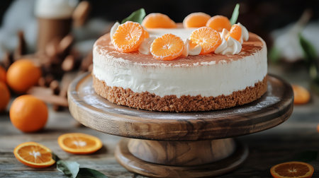 A beautifully crafted dessert sits atop a wooden stand, adorned with slices of fresh citrus. The soft cream and cookie crust create an inviting presentation in a warm environment.の素材