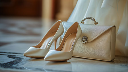 Stylish cream high-heeled shoes paired with an elegant clutch bag rest on a glossy marble floor, preparing for a wedding celebration. The details enhance the bridal ambiance.の素材