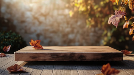 Golden hour light filters through trees, illuminating a wooden table where dried autumn leaves are scattered. The warm tones evoke a tranquil, inviting atmosphere of fall.の素材