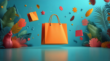 Bright and whimsical setting features colorful shopping bags suspended in mid-air, surrounded by vibrant foliage and decorative stars, creating a lively shopping atmosphere.の素材