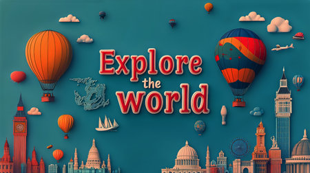 Hot air balloons rise above famous landmarks from various countries, promoting a sense of adventure and exploration while showcasing a vibrant, animated atmosphere in the sky.の素材