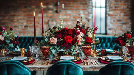 Vibrant flowers create a stunning centerpiece on a beautifully set dinner table. Candles and glassware enhance the warm ambiance for an evening gathering.の素材