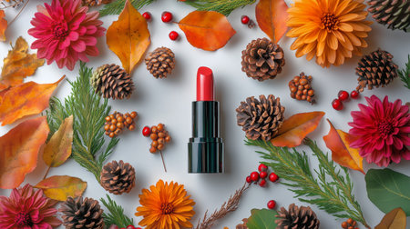 A vibrant red lipstick is placed at the center, surrounded by colorful autumn leaves, pine cones, red berries, and flowers, creating a warm seasonal aesthetic.の素材