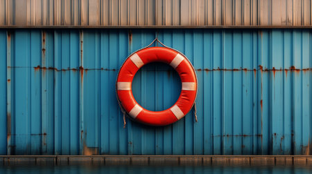 A vibrant lifebuoy with white stripes hangs against a weathered blue metal wall. The calm water reflects the colors of sunset, creating a serene atmosphere at the harbor.の素材