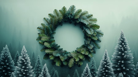 A beautifully crafted winter wreath with green foliage and pine cones is displayed on a textured green wall. A nearby pine tree adds to the cozy seasonal atmosphere.の素材