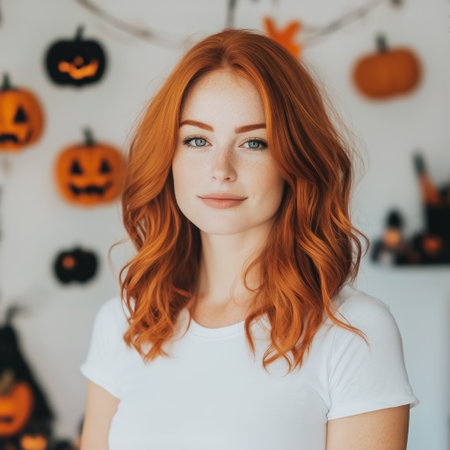A young woman with vibrant red hair stands confidently in a festively decorated room featuring Halloween pumpkins and spooky ornaments.の素材