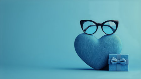 A blue heart-shaped decoration rests next to a small gift wrapped with a bow. Stylish black glasses sit atop the heart, creating a cheerful display.の素材