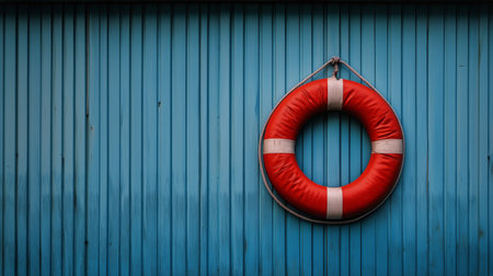 A vibrant lifebuoy with white stripes hangs against a weathered blue metal wall. The calm water reflects the colors of sunset, creating a serene atmosphere at the harbor.の素材