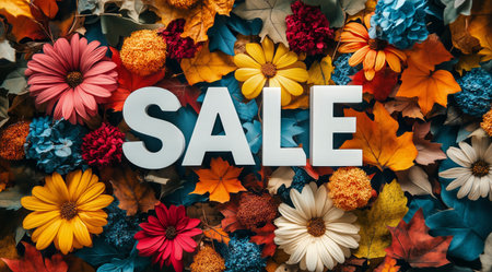 Bright flowers and leaves create an autumn backdrop for a bold sale sign, emphasizing seasonal discounts and vibrant colors for shoppers.の素材