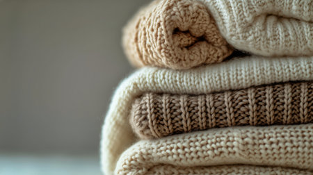 Soft knitted sweaters in neutral colors are neatly folded and stacked, creating a cozy and inviting atmosphere in a warm-toned space.の素材
