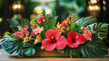 Bright and colorful tropical flowers in an elegant arrangement are centered on a wooden table, creating a lively atmosphere in a warm, inviting space.の素材
