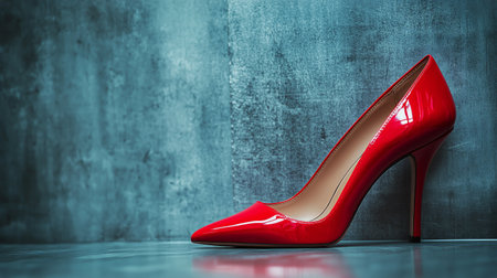 Bright red high heel shoe with a pointed toe is positioned against a gray wall, showing its sleek design and glossy finish, while resting on a light-colored tile floor.の素材