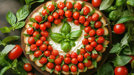 A vibrant arrangement of roasted tomatoes, fresh basil, and creamy cheese is displayed on a wooden board, creating an inviting centerpiece for a summer gathering with family and friends.の素材