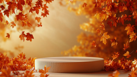 A circular platform is framed by vibrant orange and red autumn leaves, creating a cozy ambiance in an indoor space. The soft hues enhance a peaceful atmosphere ideal for gatherings.の素材