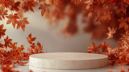 A circular platform is framed by vibrant orange and red autumn leaves, creating a cozy ambiance in an indoor space. The soft hues enhance a peaceful atmosphere ideal for gatherings.の素材