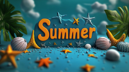 Vibrant summer-themed decoration featuring orange text surrounded by various colorful seashells and starfish on a blue backdrop with tropical leaves.の素材
