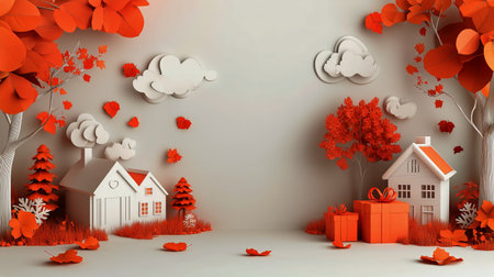 Bright orange and red paper trees surround two whimsical houses, with scattered leaves and gifts adding charm. This autumn-themed display captures a cozy seasonal atmosphere.の素材