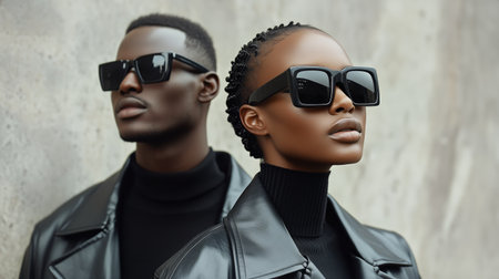 Two stylish individuals wear bold sunglasses and sleek leather outfits, posing confidently against a textured wall in an urban environment on a bright day.の素材