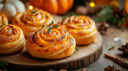 Delicious pumpkin cinnamon rolls are beautifully presented on a wooden board, surrounded by pine cones and autumn leaves, creating a cozy seasonal atmosphere.の素材