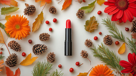 A vibrant red lipstick is placed at the center, surrounded by colorful autumn leaves, pine cones, red berries, and flowers, creating a warm seasonal aesthetic.の素材