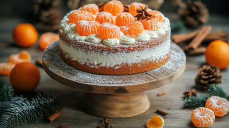 Cheesecake is elegantly presented on a wooden stand, garnished with fresh mandarin oranges and cinnamon sticks, enhancing the desserts appeal.の素材