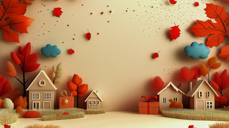Bright orange and red paper trees surround two whimsical houses, with scattered leaves and gifts adding charm. This autumn-themed display captures a cozy seasonal atmosphere.の素材