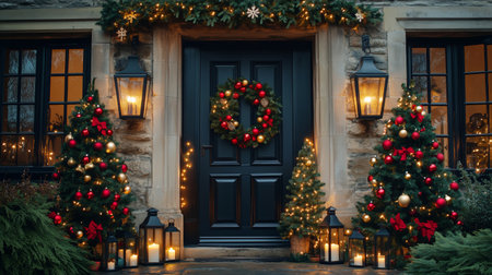 Doorway adorned with a wreath and twinkling lights, flanked by Christmas trees and lanterns, creating a warm holiday atmosphere on a winter evening.の素材